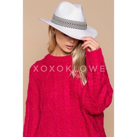 Ivory Wool Wide Brim Hat with Chevron Pattern Buckle Strap - Picture 6 of 7